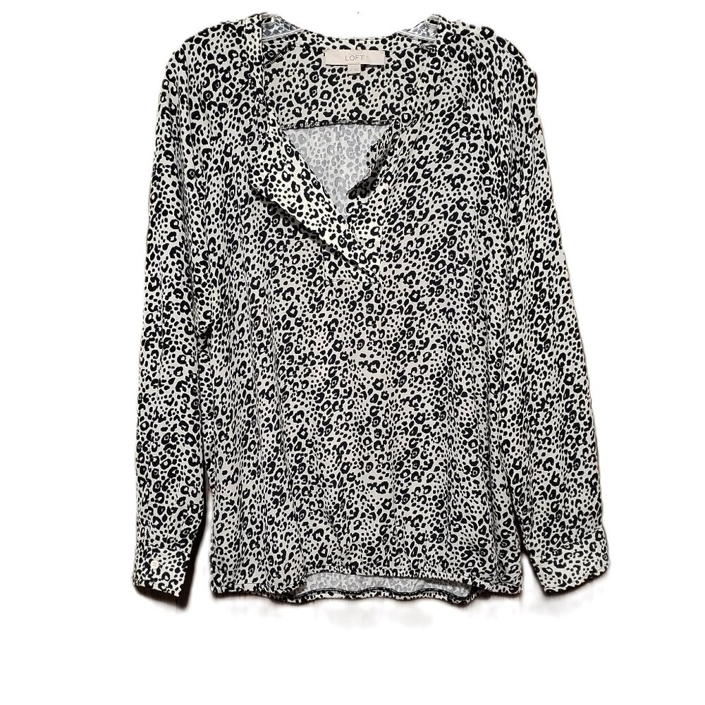 Loft‎ M Women's Black Cream Split Neck Animal Print Blouson Top Blouse Popover